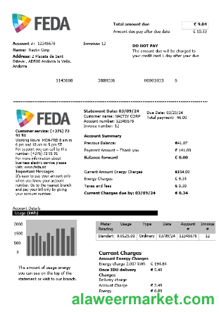 Andorra Electric Forces of Andorra business utility bill template in Word and PDF formats
